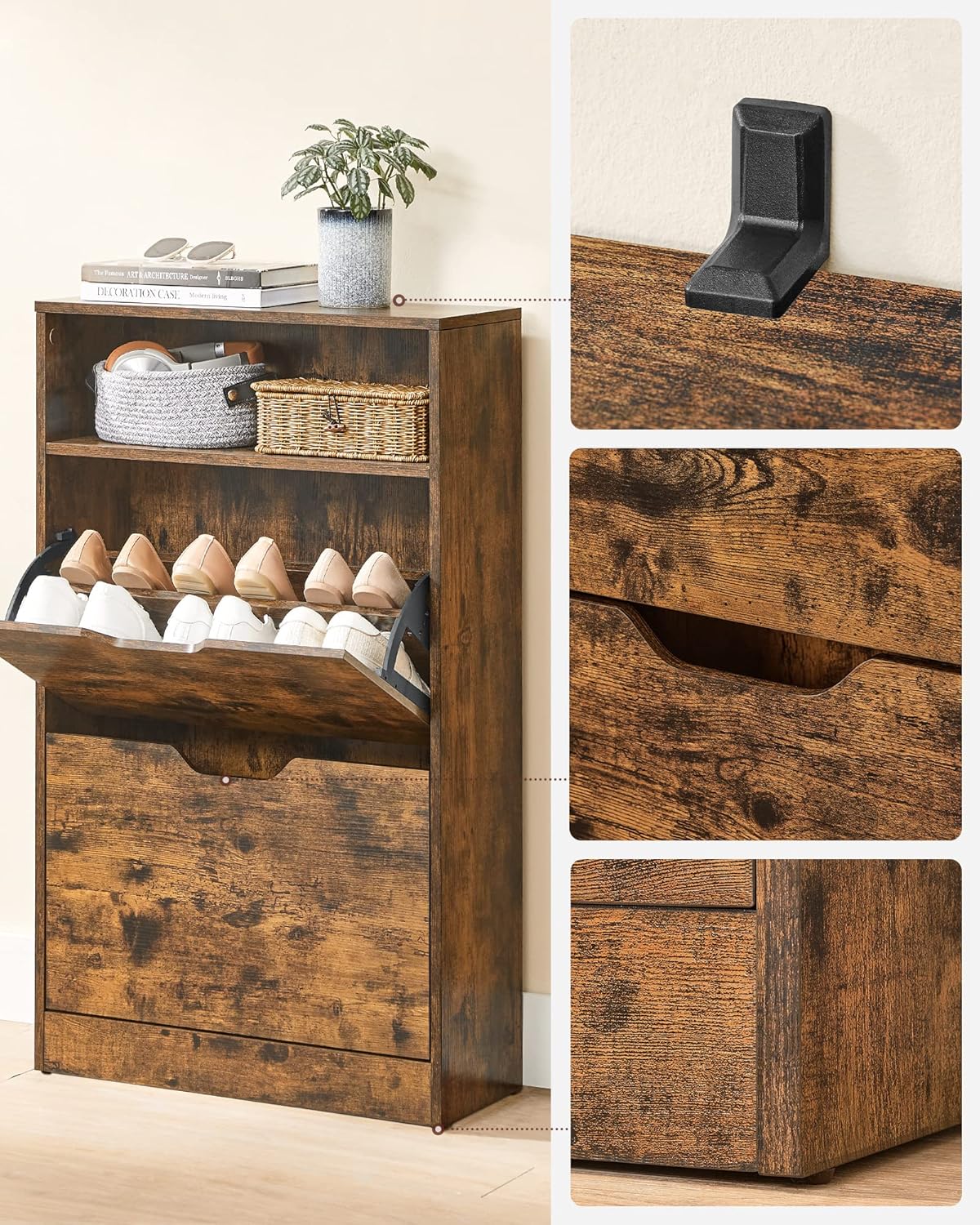 VASAGLE Dulap pantofi cu 2 usi flip, separator reglabil si detasabil, pentru 8-12 perechi, 24x60x102cm, maro rustic