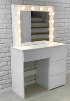 Masa de toaleta si machiaj Hollywood Pro, alba, cu 4 sertare, oglinda si 12 LED-uri, 90x40x140 cm