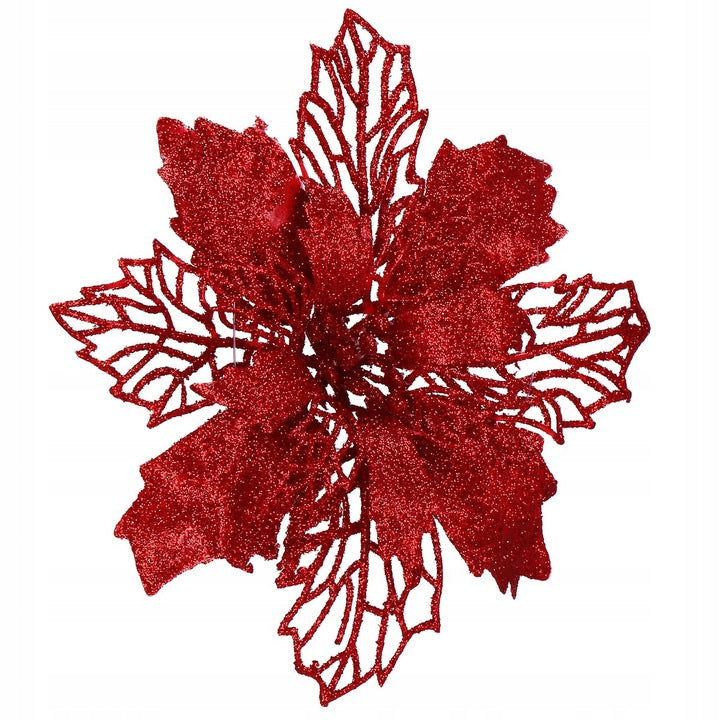 Set 10 ornamente pentru bradul de Craciun, stea Poinsettia, 16cm, visiniu