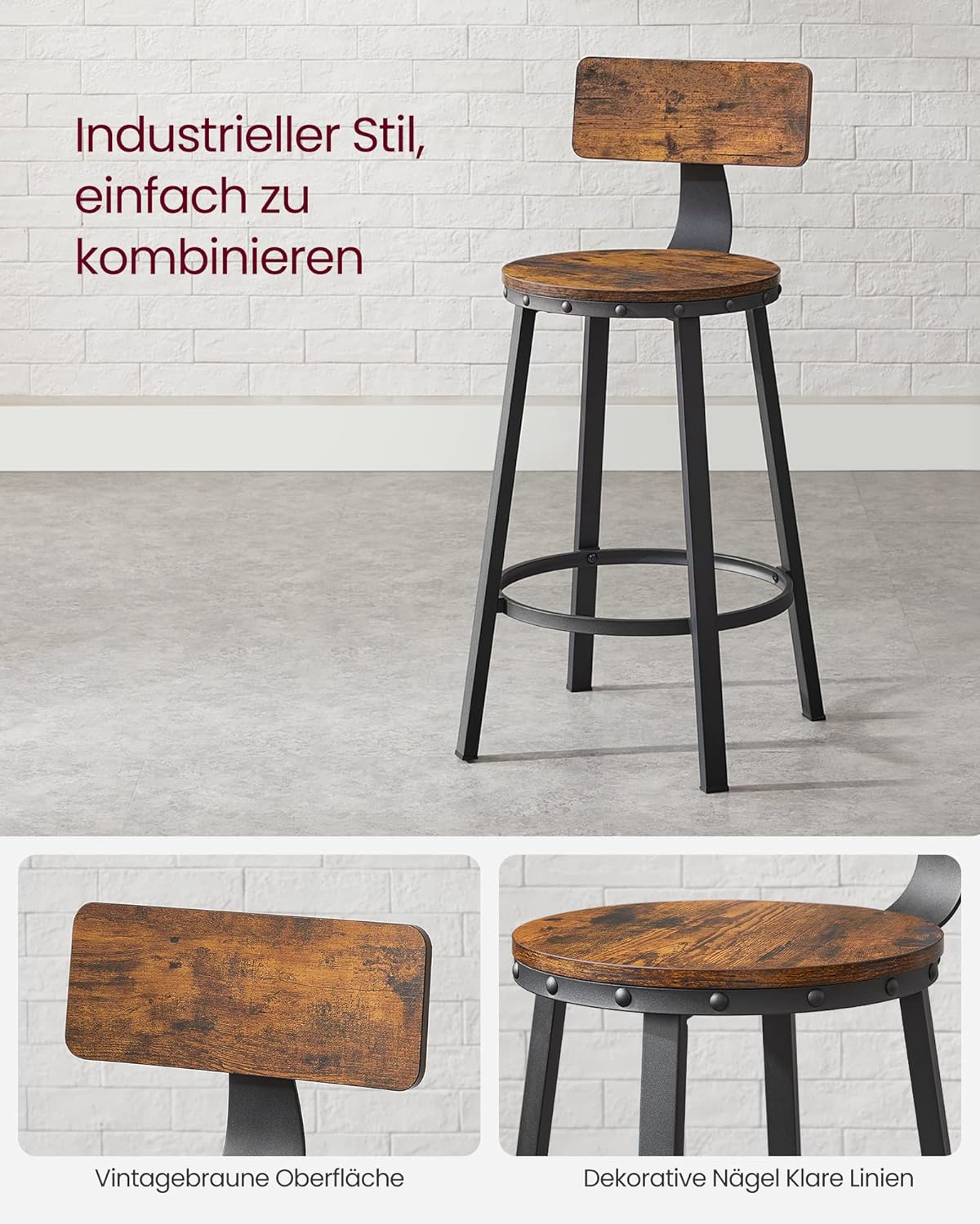 VASAGLE Set de 2 scaune de bar inalte cu spatar, cadru din otel, industrial, 51x89cm, maro rustic
