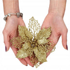 Set 10 ornamente pentru bradul de Craciun, stea Poinsettia, 16cm, galben auriu