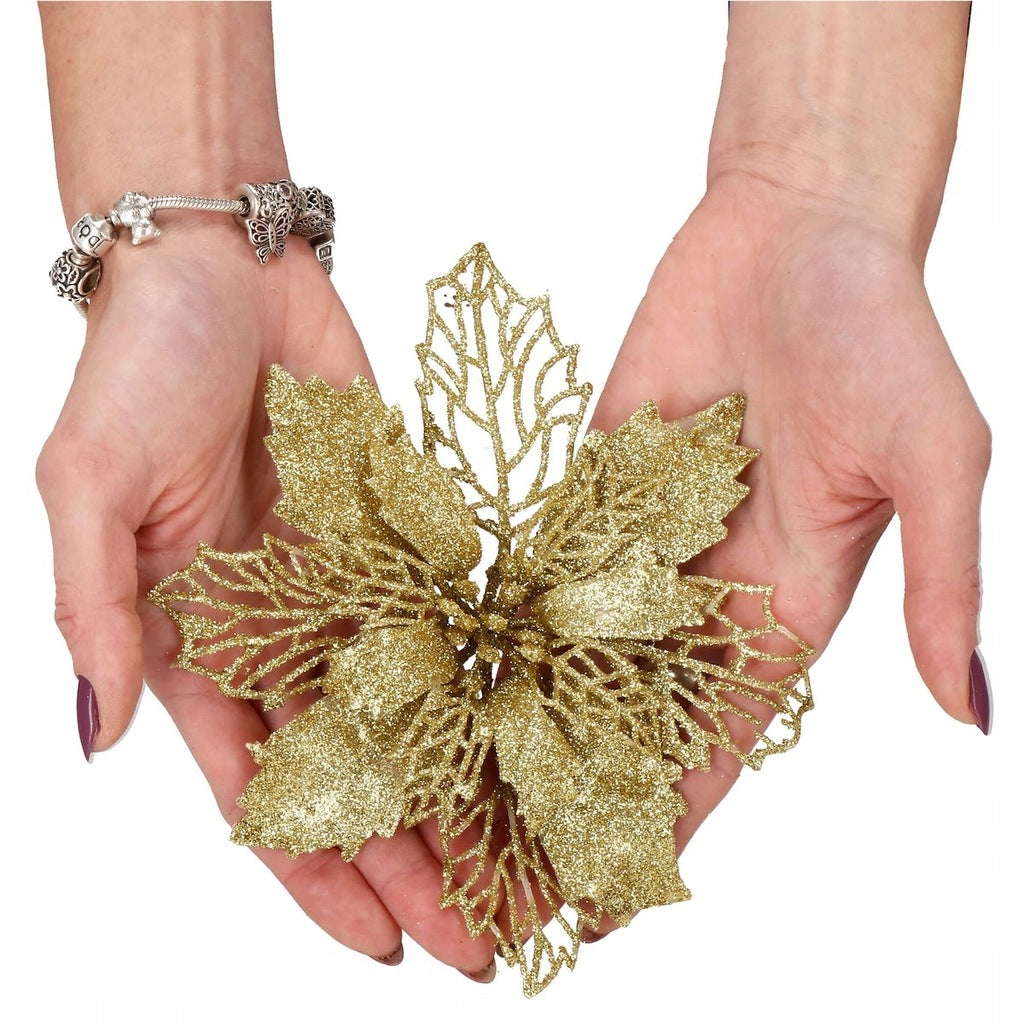 Set 10 ornamente pentru bradul de Craciun, stea Poinsettia, 16cm, galben auriu