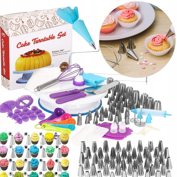 Set patiserie cu platou rotativ, 137 piese cu sabloane pentru ornarea prajiturilor
