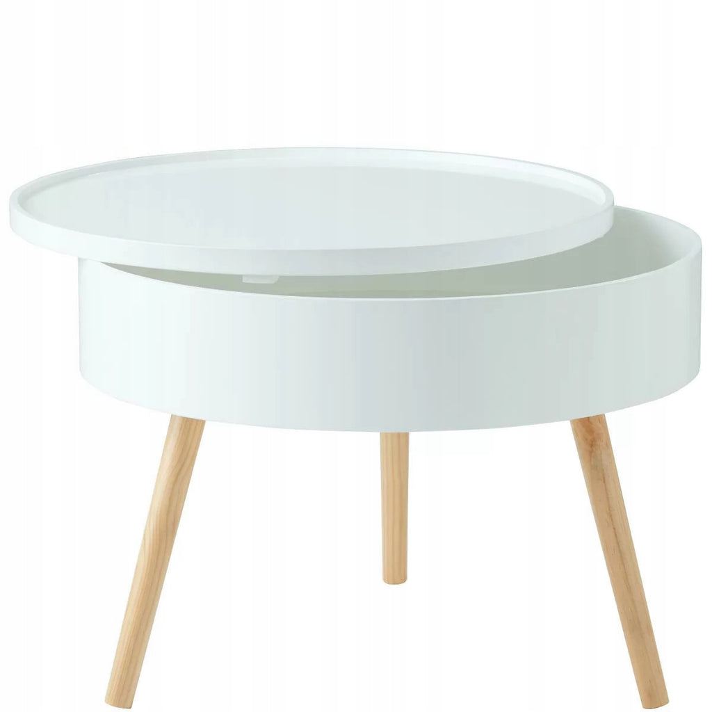 Masuta de cafea rotunda 60x40 cm, cu blat detasabil si spatiu depozitare, picioare din lemn de pin, alba
