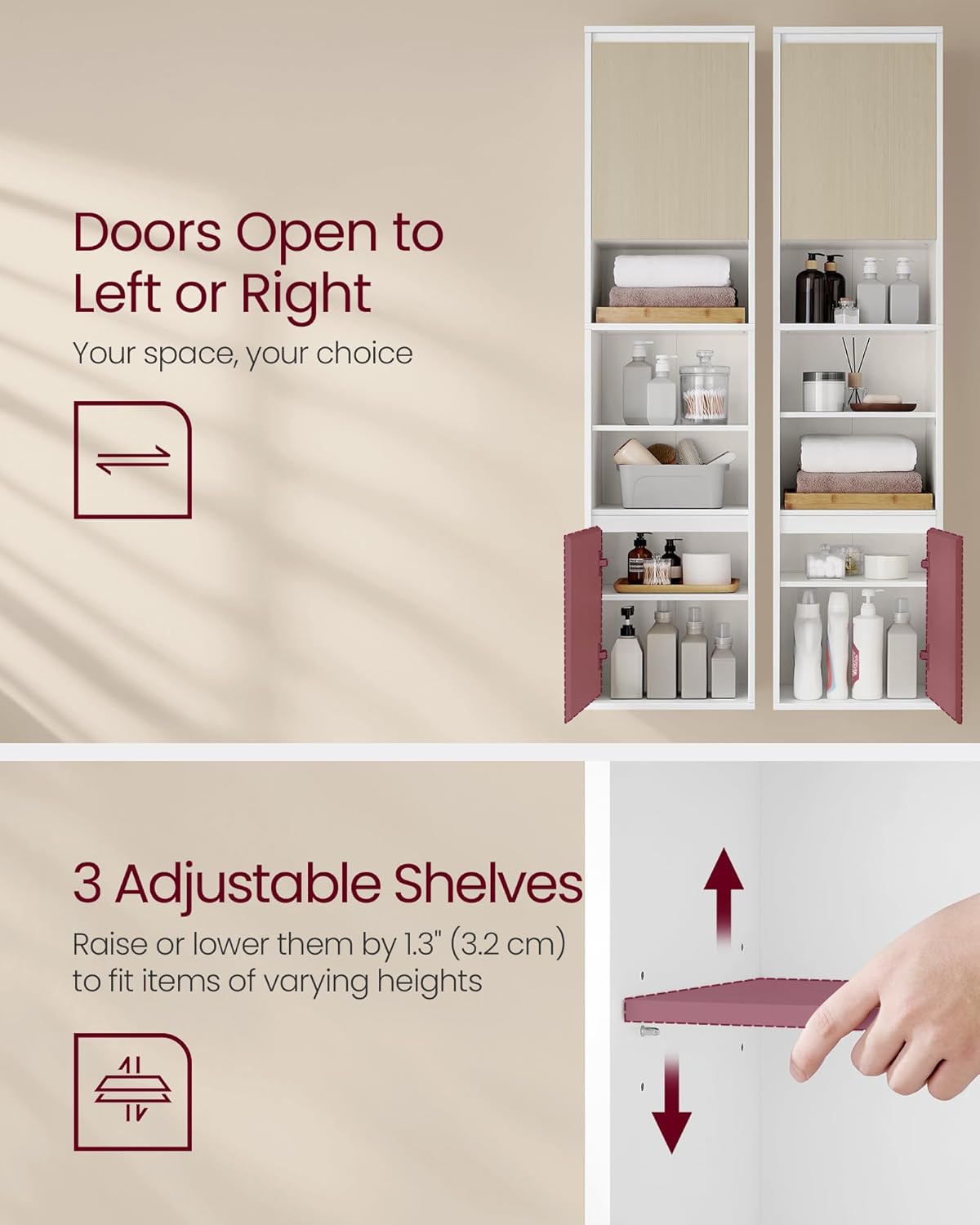 VASAGLE Dulap baie cu montare pe podea sau perete, 7 compartimente, 30x40x160 cm, alb bej