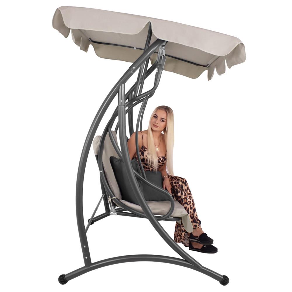 Leagan de gradina 190x115x176 cm, pentru 3 persoane, copertina reglabila, perne incluse, cadru otel si material impermeabil, bej
