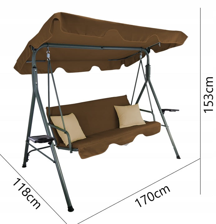 Leagan gradina 3 locuri 170x118x153 cm, cu perne, baldachin reglabil si masute laterale, structura otel, maro