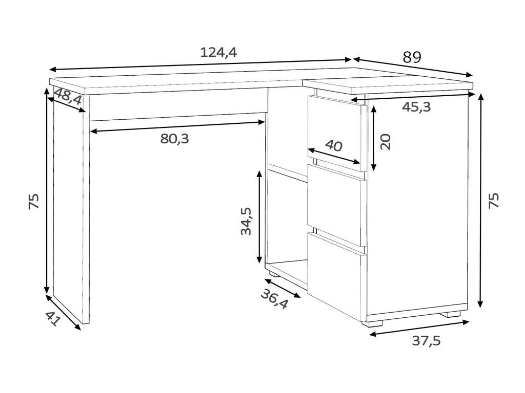 Birou colt Norge cu 3 sertare si 2 rafturi, 124x89x75 cm, stejar