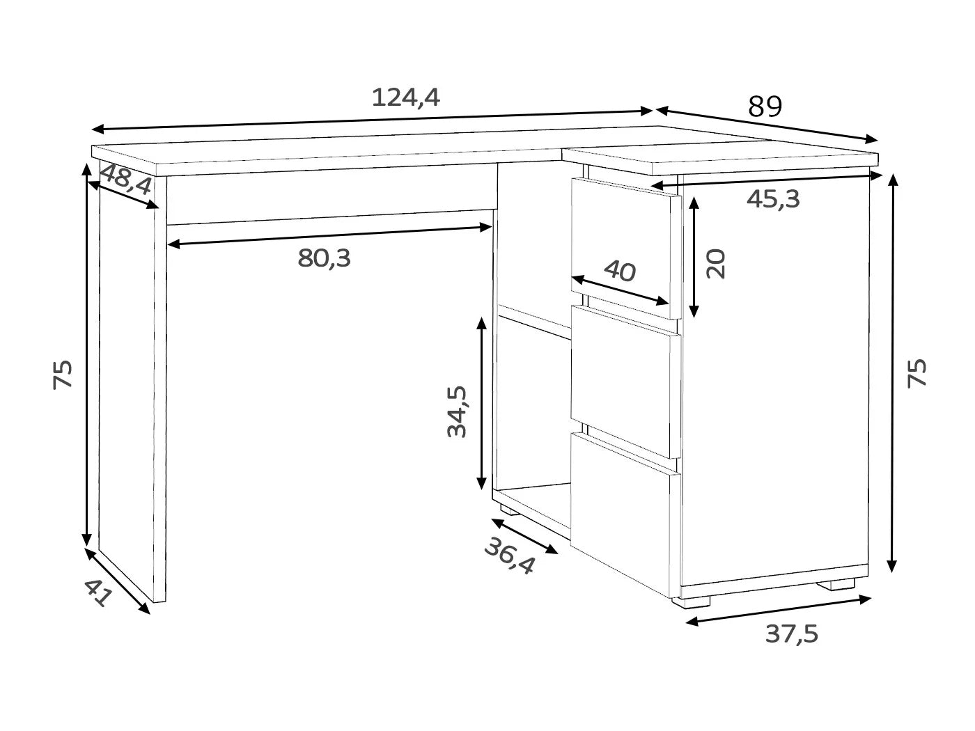 Birou colt Norge cu 3 sertare si 2 rafturi, 124x89x75 cm, stejar