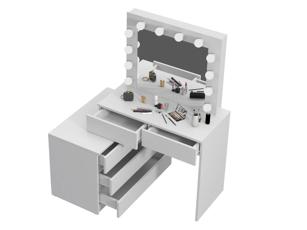 Masa de toaleta si machiaj colt Carla cu oglinda 12 LED si comoda 5 sertare, montaj stanga/dreapta, alb