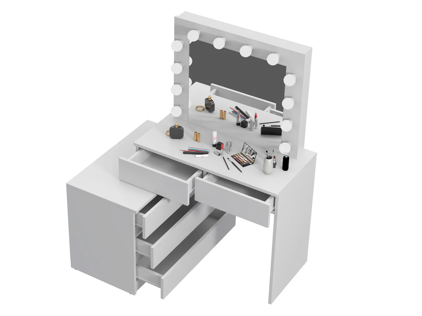 Masa de toaleta si machiaj colt Carla cu oglinda 12 LED si comoda 5 sertare, montaj stanga/dreapta, alb