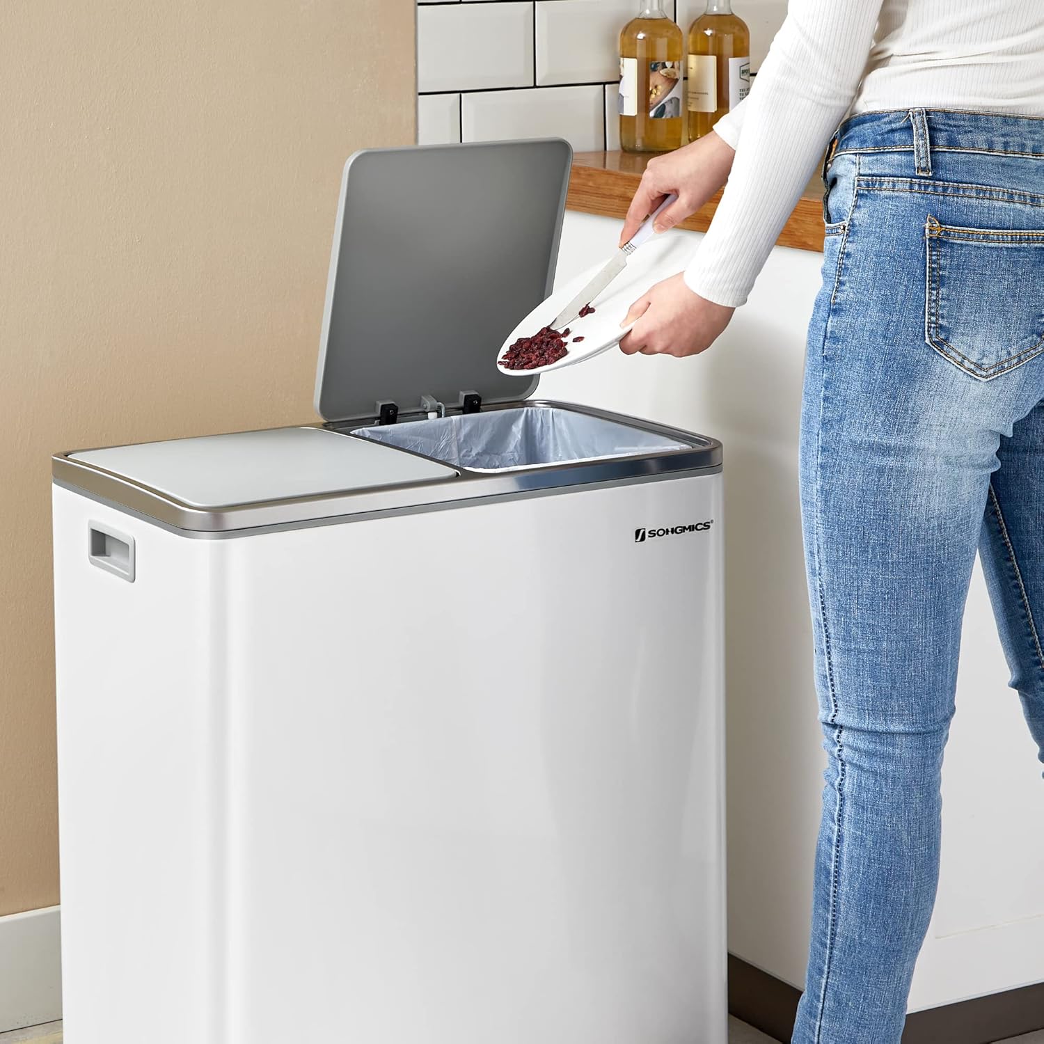 SONGMICS Cos gunoi dublu 59x32x65 cm, 2x30L, cu pedale si galeata detasabila, alb