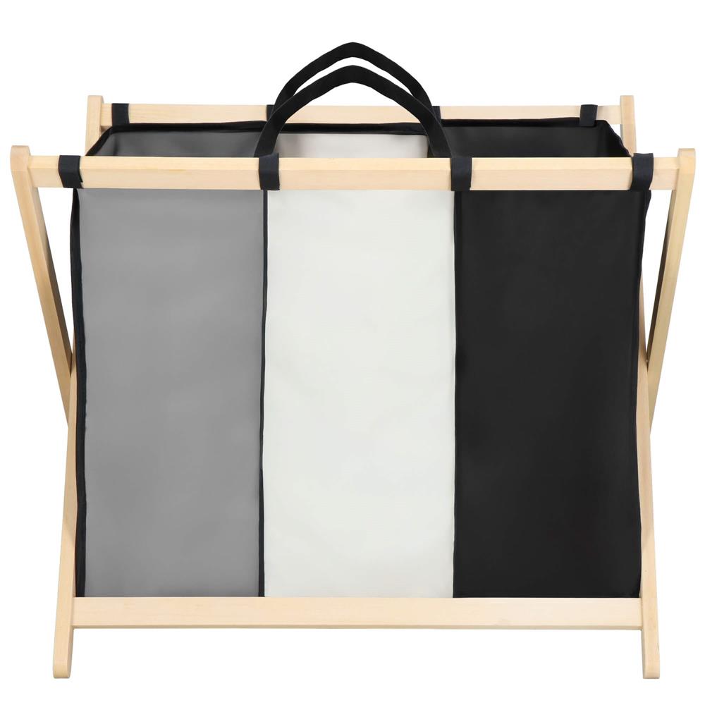 Cos de rufe cu 3 compartimente, cadru din lemn, 67x42x57 cm, 105 litri