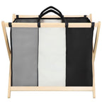 Cos de rufe cu 3 compartimente, cadru din lemn, 67x43x55 cm, 105 litri