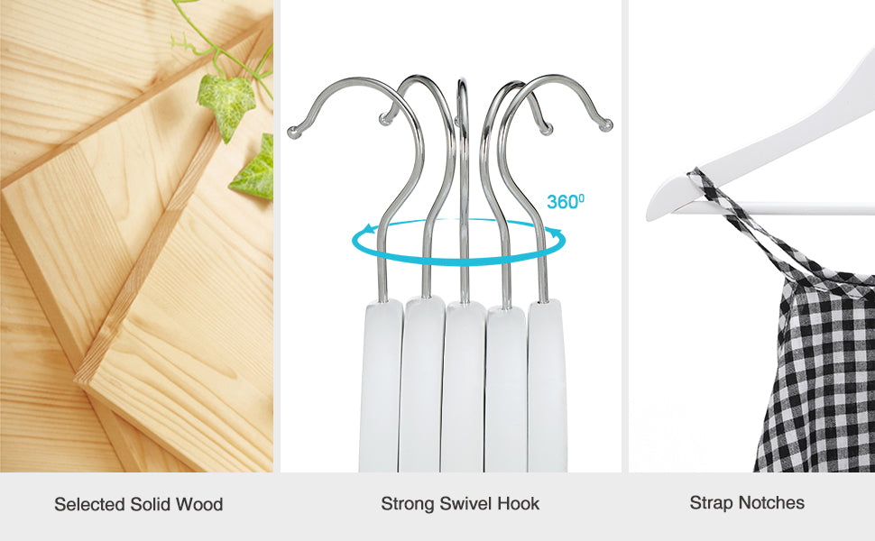 SONGMICS Umerase copii 35x20 cm, set 20 buc, lemn masiv cu bara pentru pantaloni si carlig rotativ, alb