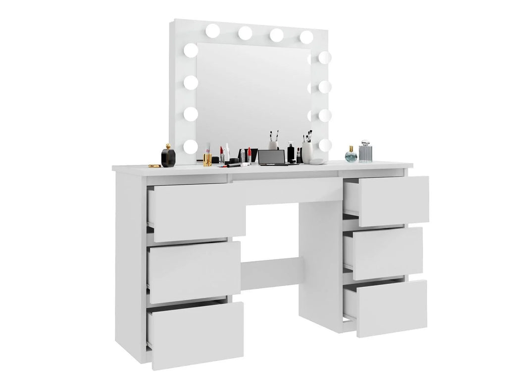 Masa de toaleta si machiaj cu oglinda LED si 7 sertare, 120x43x140 cm, alb