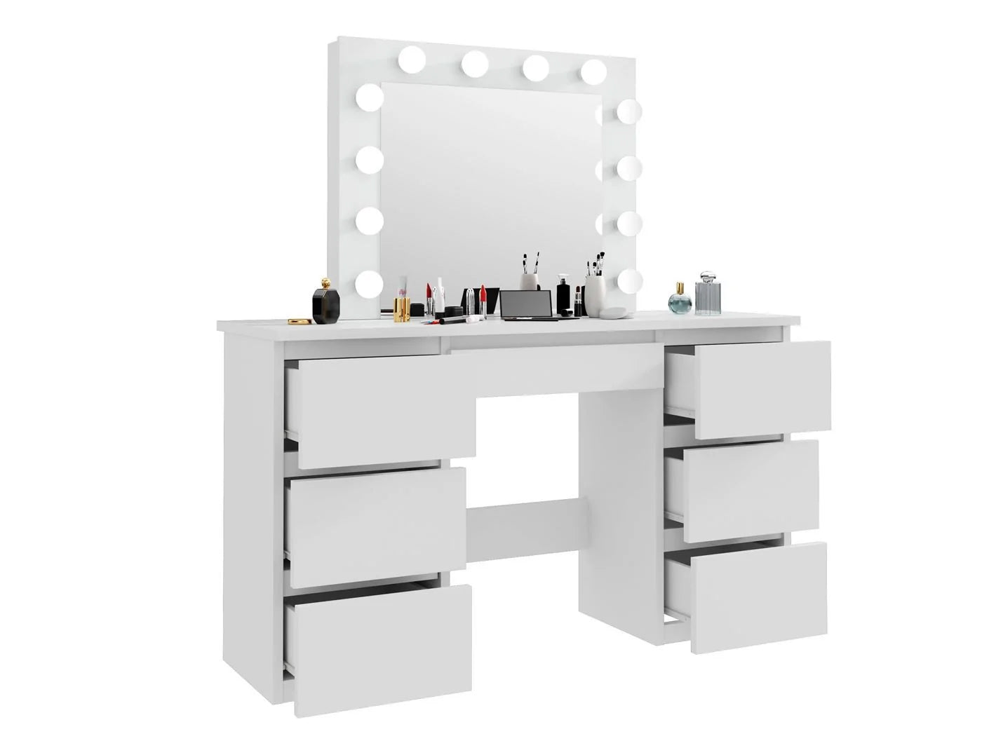 Masa de toaleta si machiaj cu oglinda LED si 7 sertare, 120x43x140 cm, alb
