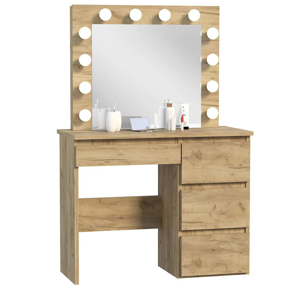 Masa de toaleta si machiaj Hollywood cu oglinda LED si 4 sertare, 94x43x140 cm, craft