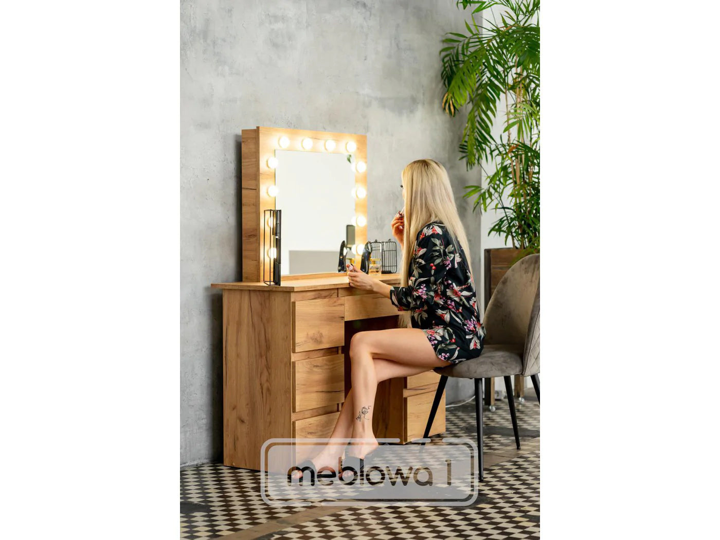 Masa de toaleta si machiaj cu oglinda LED si 7 sertare, 120x43x140 cm, craft