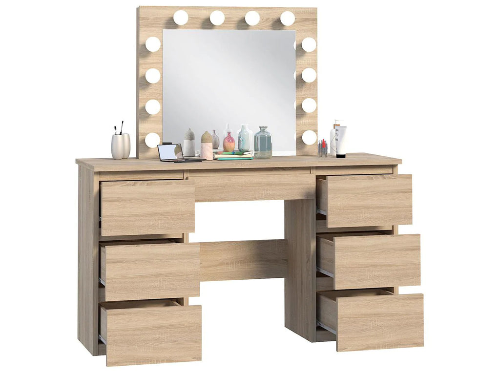 Masa de toaleta si machiaj cu oglinda LED si 7 sertare, 120x43x140 cm, sonoma