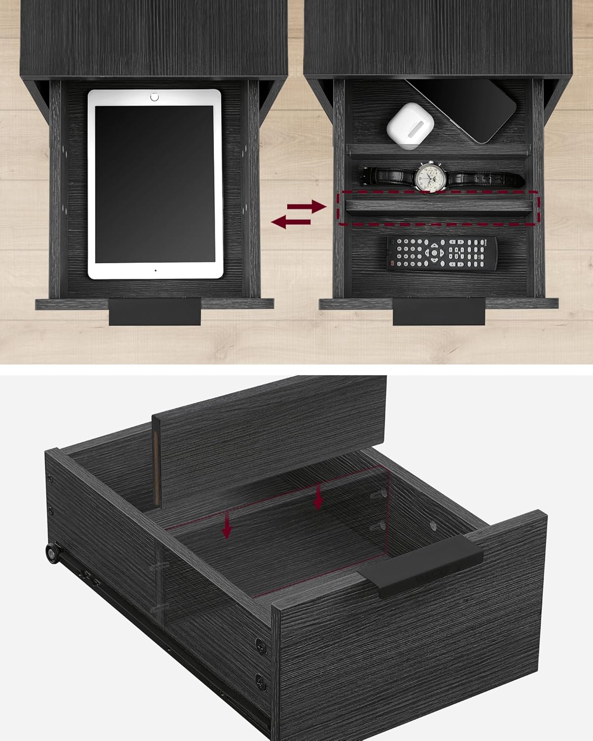 VASAGLE Noptiera 60x35x61 cm, cu 2 sertare, rafturi si priza incorporata, PAL si otel, gri antracit si negru