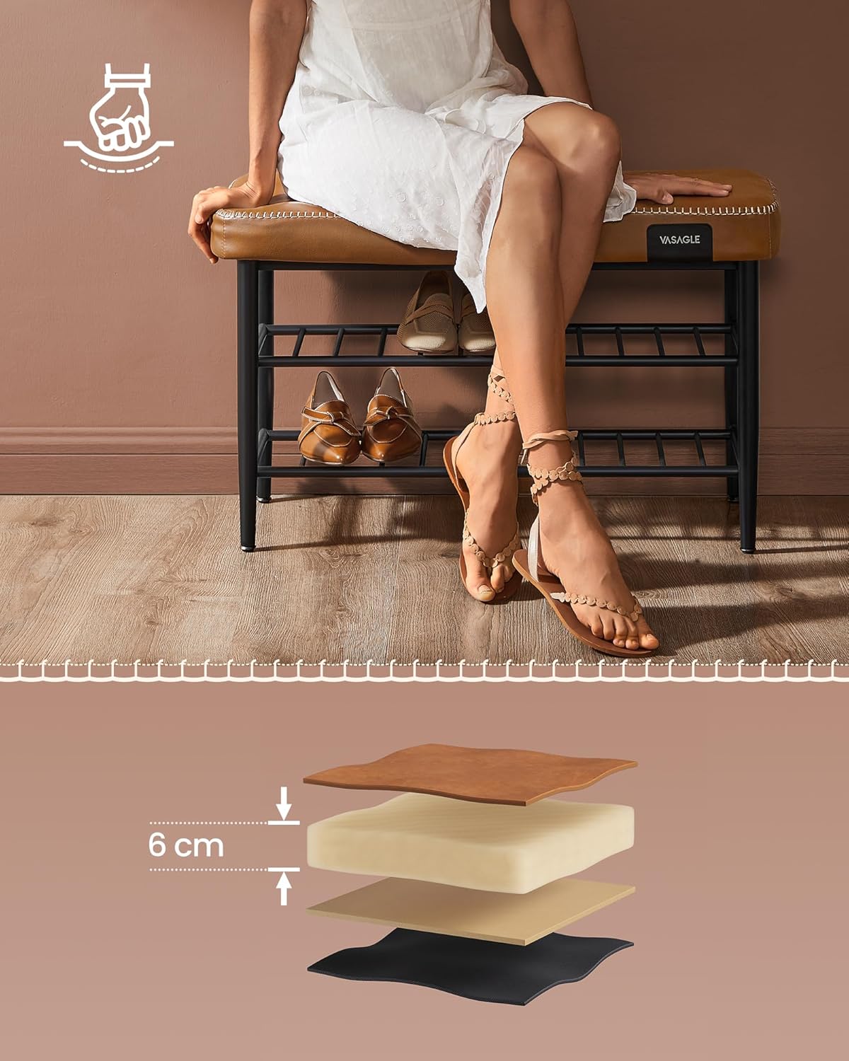 VASAGLE Banca pantofi 80x30x50 cm, cu rafturi si sezut tapitat, otel si piele PU, maro caramel