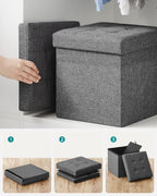 SONGMICS Taburet pliabil 30x30x30 cm, cu spatiu de depozitare, capac tapitat, MDF si imitatie in, gri