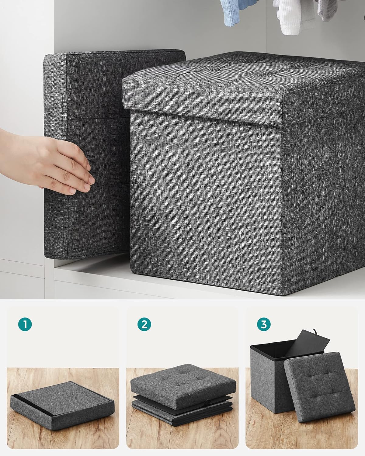 SONGMICS Taburet pliabil 30x30x30 cm, cu spatiu de depozitare, capac tapitat, MDF si imitatie in, gri