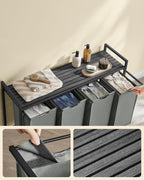 VASAGLE Cos rufe 4x40L, saci detasabili, raft superior si cadru metalic, 116x33x72 cm, negru si gri