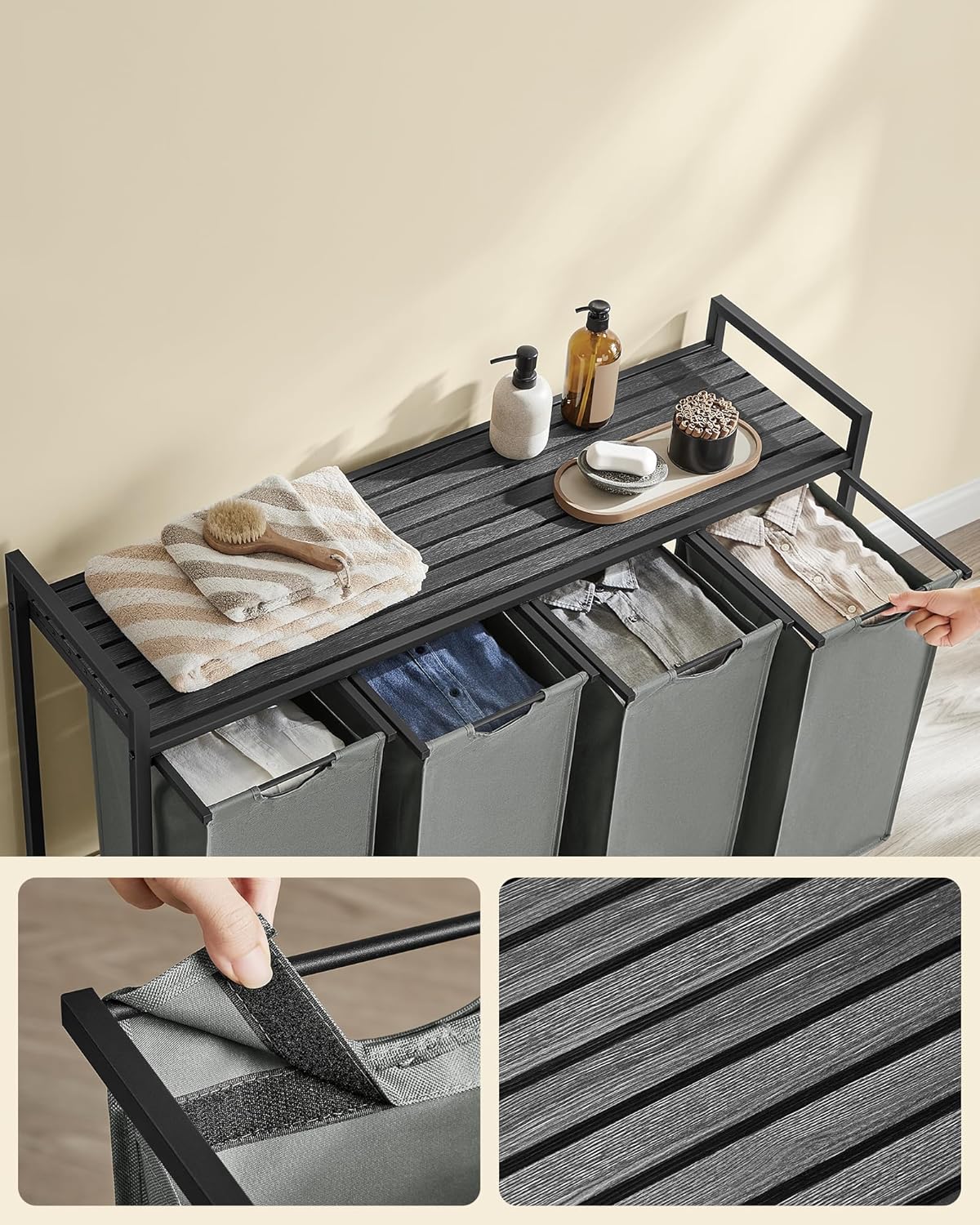 VASAGLE Cos rufe 4x40L, saci detasabili, raft superior si cadru metalic, 116x33x72 cm, negru si gri