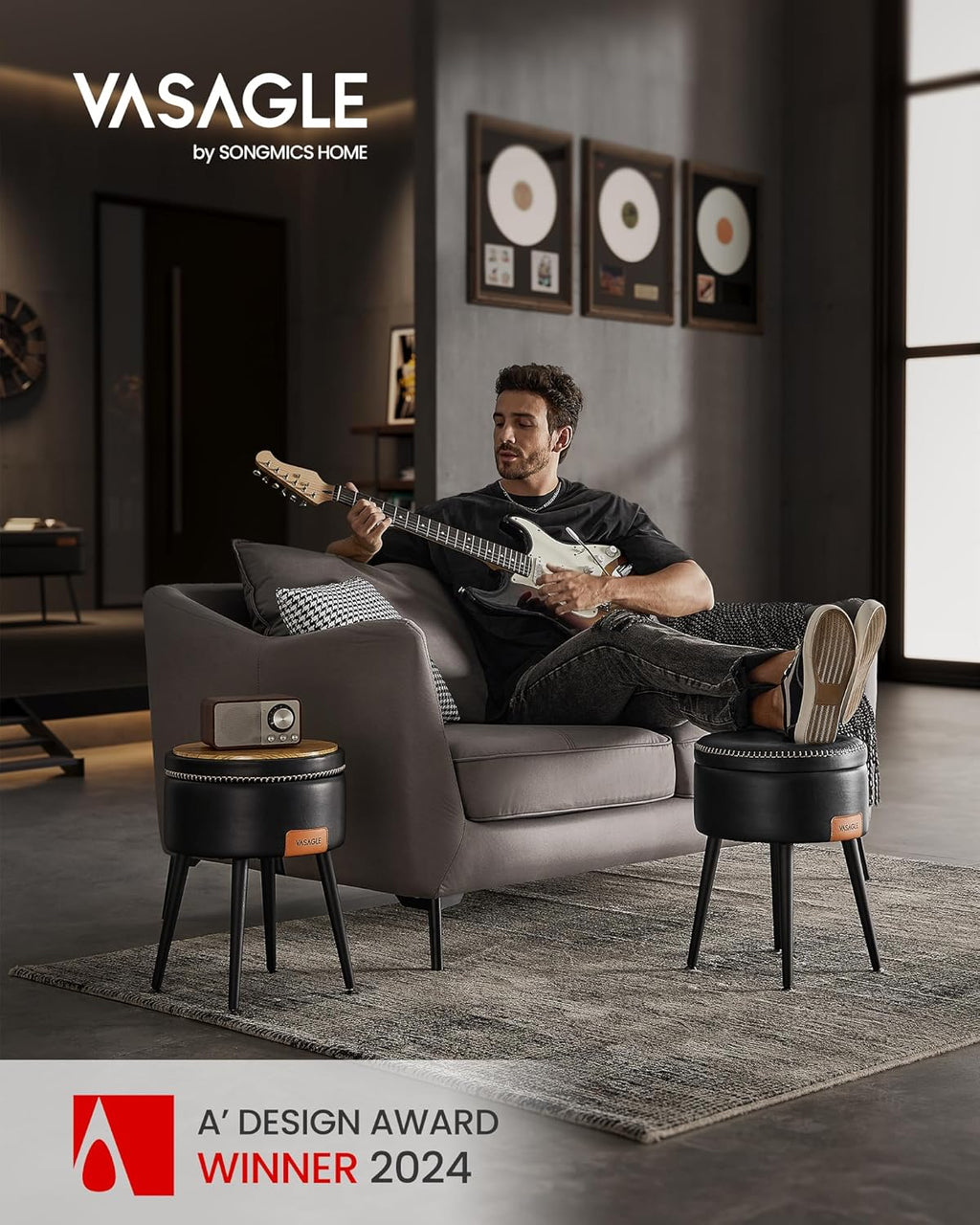 VASAGLE Taburet cu spatiu de depozitare, tapitat PU, cu 2 fete, diametru 32 cm, negru