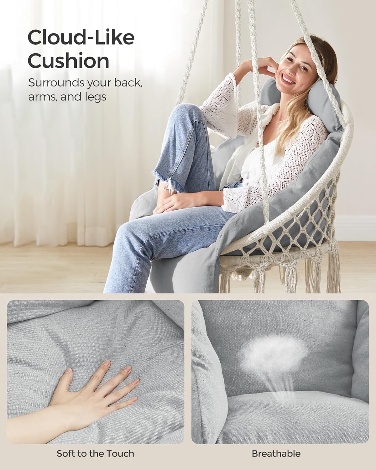 SONGMICS Scaun rotund tip leagan suspendat cu perna, pentru casa sau gradina, gri