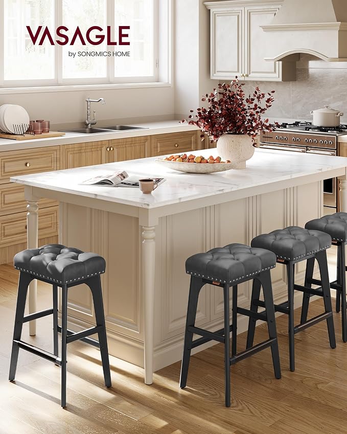 VASAGLE Set 2 scaune bar cu tapiterie piele ecologica, picioare din lemn, 44x32x66 cm, negru