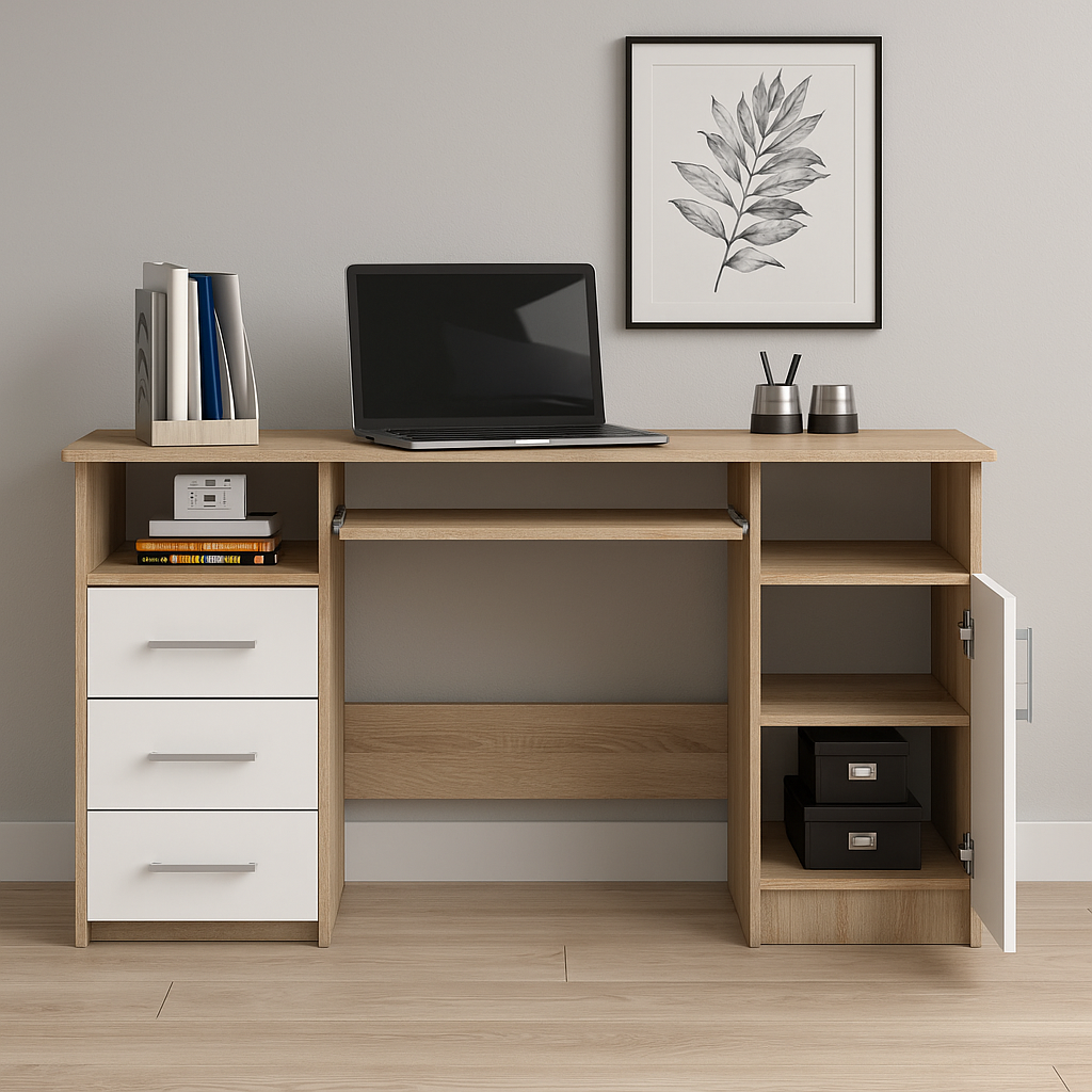 Birou ANA pentru calculator, cu 3 sertare si 1 usa, 124x52x74 cm, stejar sonoma si alb