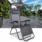 Sezlong pliabil cu parasolar si tetiera, reglabil in 2 pozitii, suport pahare, 174cm, gri