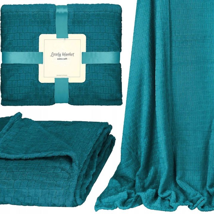 Patura pufoasa pentru 2 persoane, 2 fete, model in relief, 160x200cm, verde marin