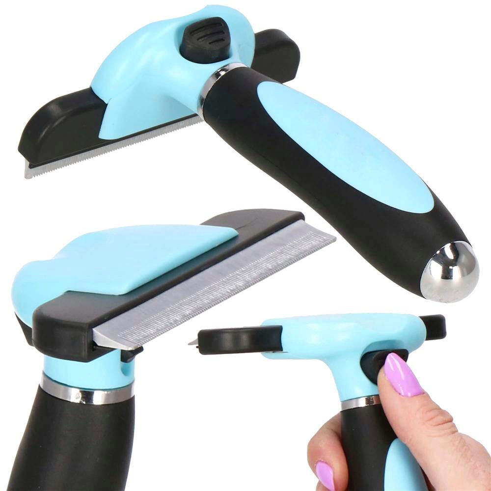 Perie trimmer pentru caini si pisici cu par lung sau scurt, autocuratare, lama 10cm, negru albastru
