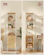 VASAGLE Biblioteca cu 6 etaje, cadru metalic, usa cu efect ratan Boho, 30x40x175 cm, alb si bej