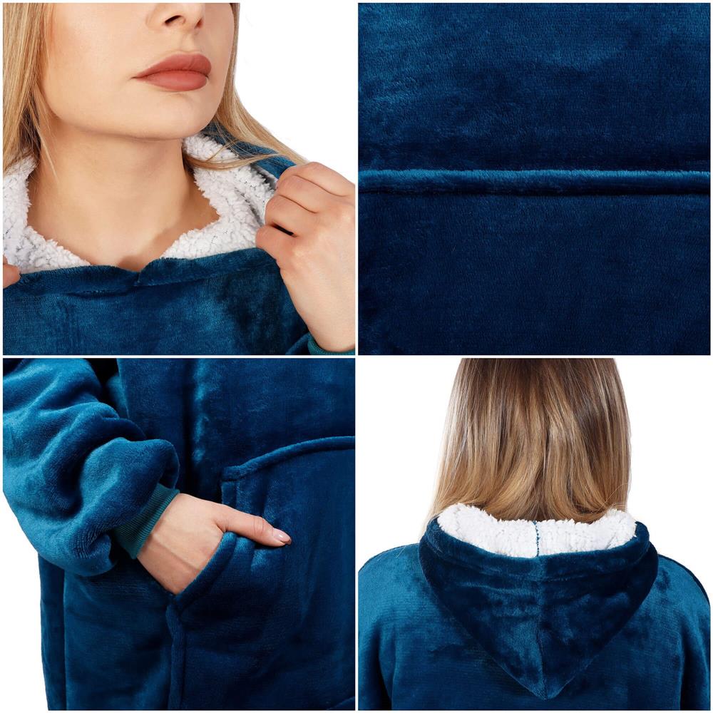 Patura tip hanorac, cu maneci, gluga si buzunare, material plus, marime universala, albastra