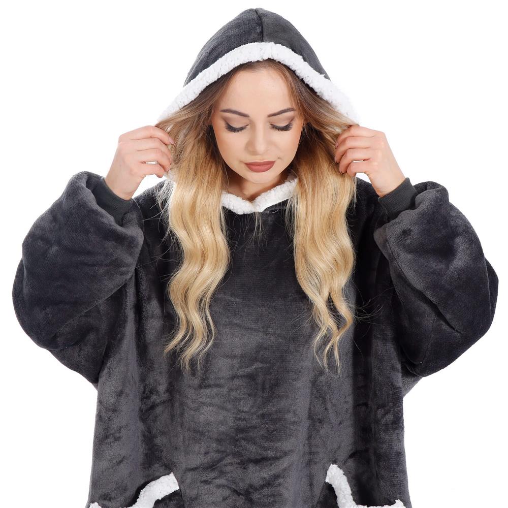 Patura tip hanorac, cu maneci, gluga si buzunare, material plus, marime universala, grafit