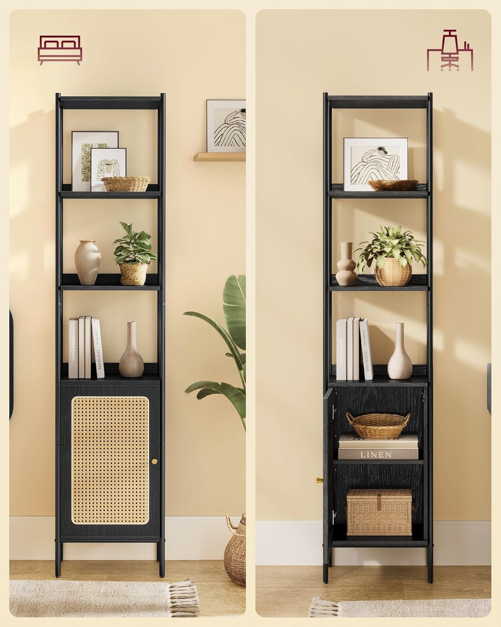 VASAGLE Biblioteca cu 6 etaje, cadru metalic, usa cu efect ratan Boho, 30x40x175 cm, negru