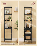 VASAGLE Biblioteca cu 6 etaje, cadru metalic, usa cu efect ratan Boho, 30x40x175 cm, negru