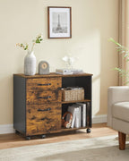 VASAGLE Dulap mobil tip rollbox pentru birouri, sertar cu sina suport dosare, stil industrial, 40x80x66 cm, maro rustic