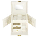 (DL) Cutie depozitare si organizare bijuterii, MDF, piele ecologica, 17,5 x 12 x 13,5 cm., crem