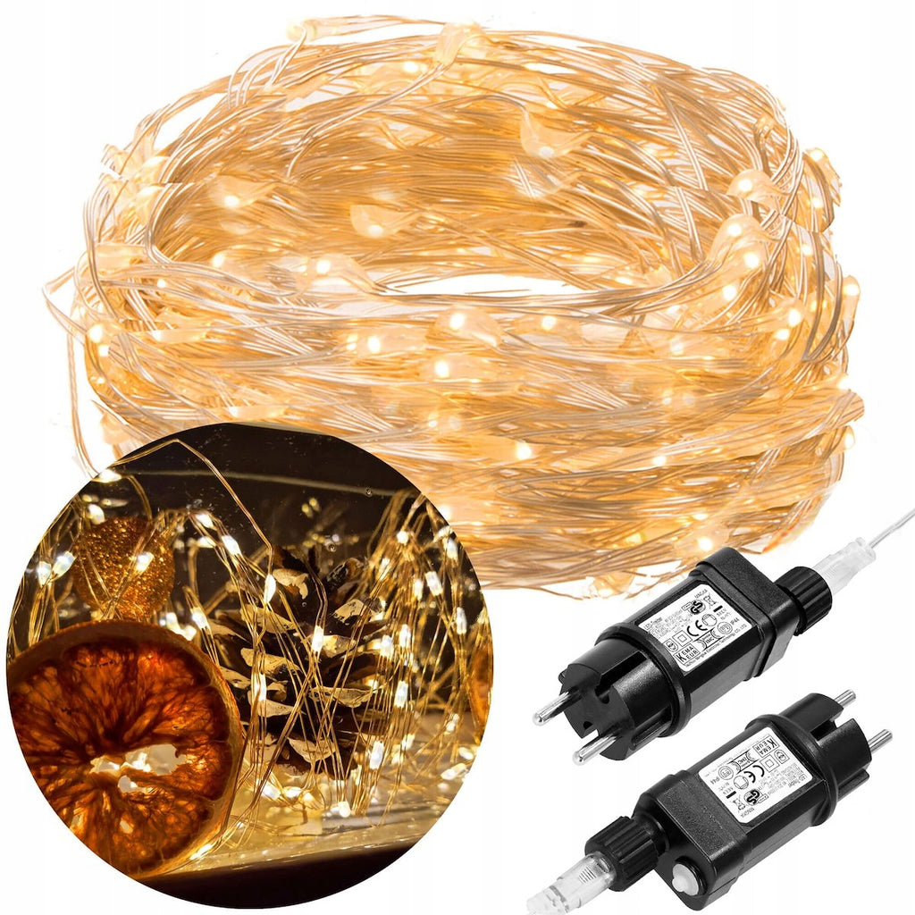 Instalatie lumina decorativa cu 300 LED-uri, 30m, pentru interior/exterior, iluminare galbena