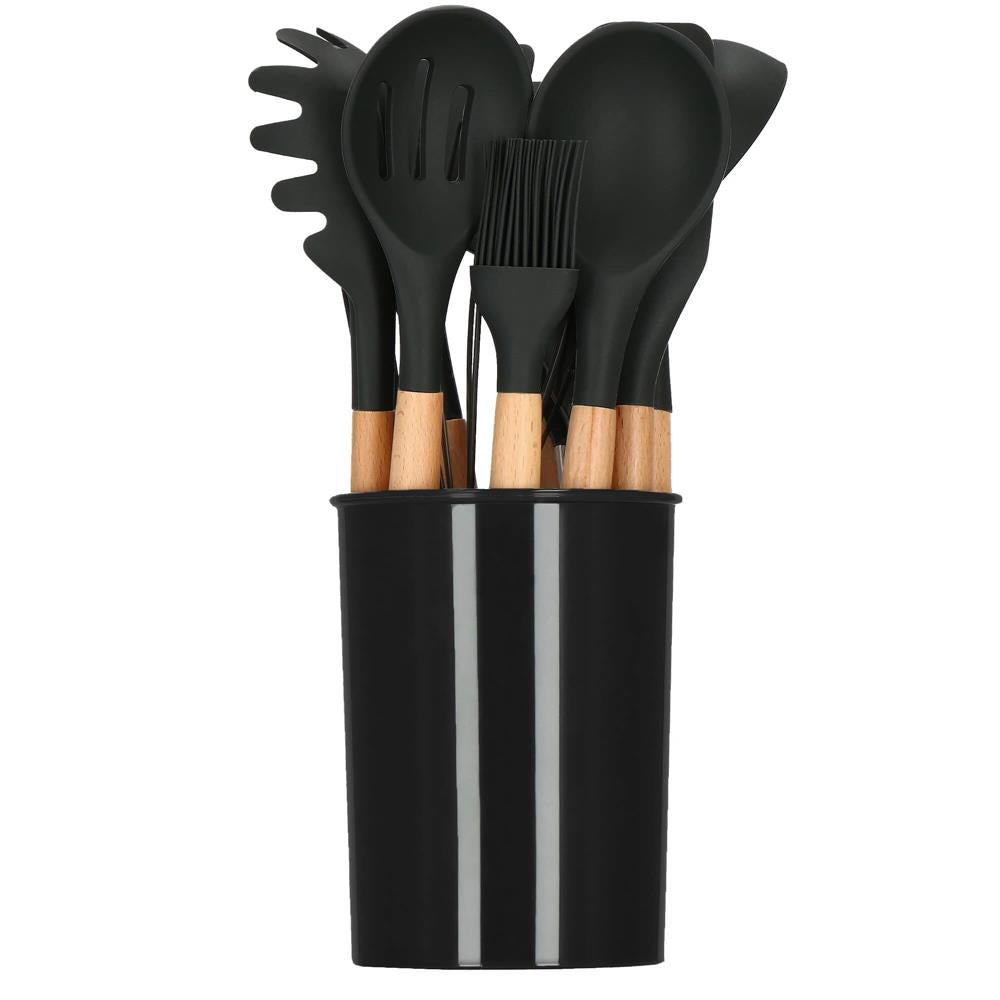 Set  12 ustensile de bucatarie din silicon termorezistent si maner din bambus, negru