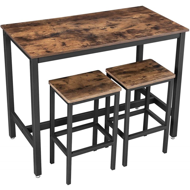 VASAGLE Set masa de bar cu 2 scaune, cadru din otel, blat lemn, stil industrial, 120x60x90cm, maro rustic