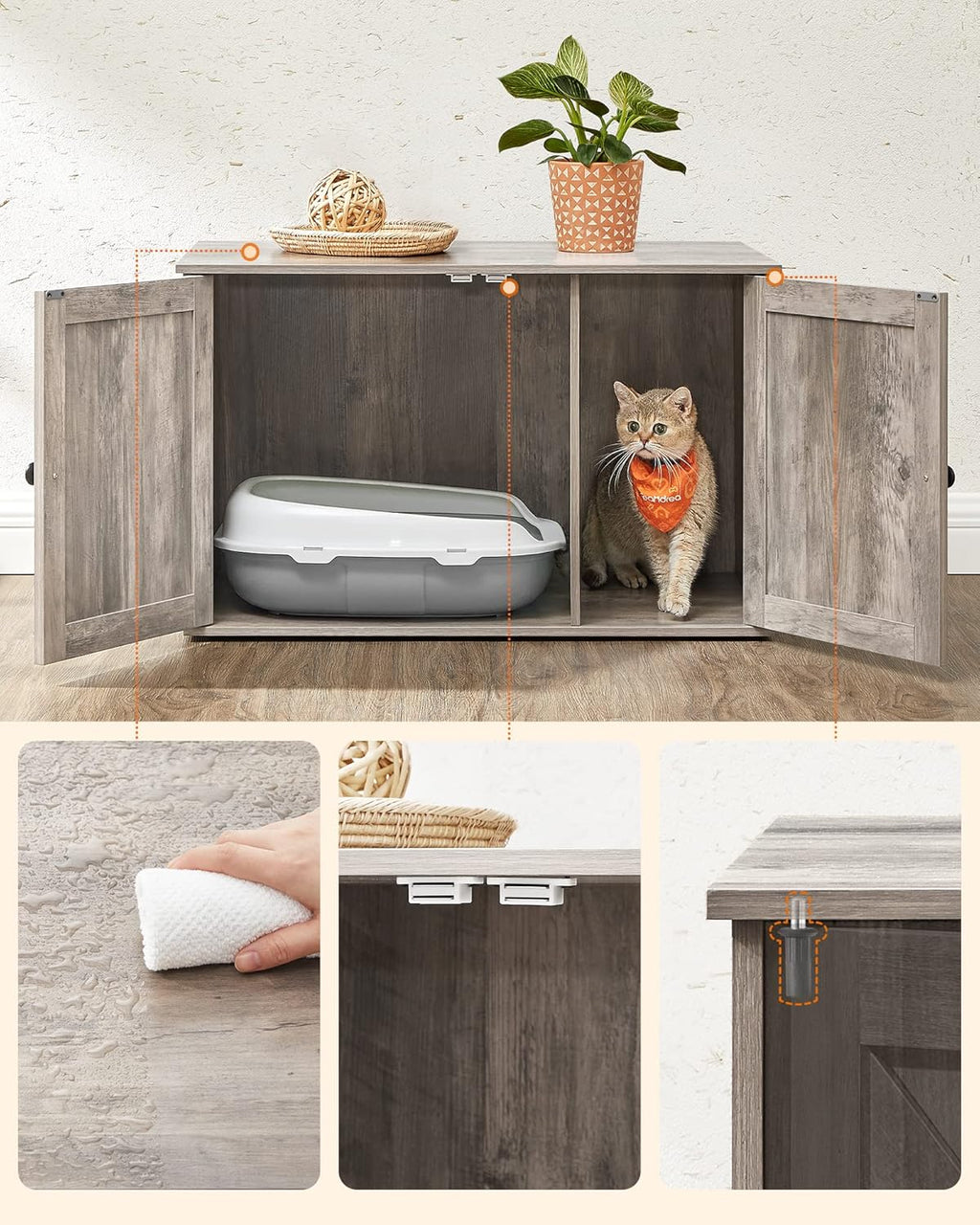 FEANDREA Cusca pentru pisici tip comoda, cu usi si perete despartitor, 80x53x50cm, gri