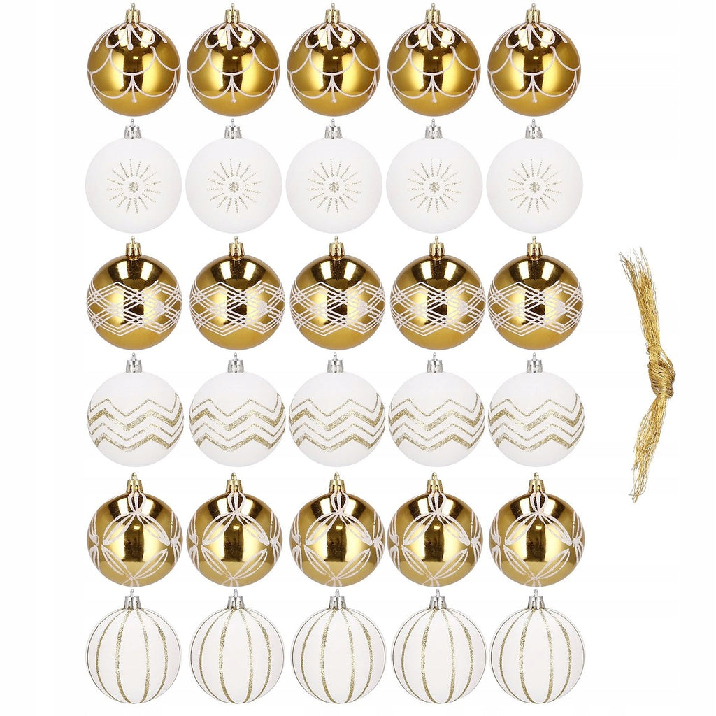 Set globuri de Craciun cu modele de sarbatori, 30 bucati, 5cm, alb auriu