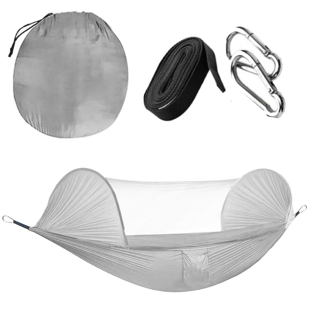 Hamac dublu din material parasuta 140x260cm, cu plasa de tantari si geanta transport, gri